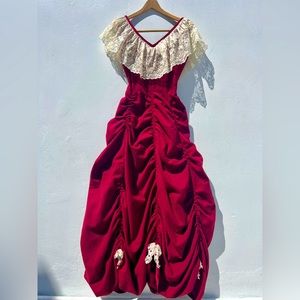 1800s Red Felt Costume Dress with Cream Lace